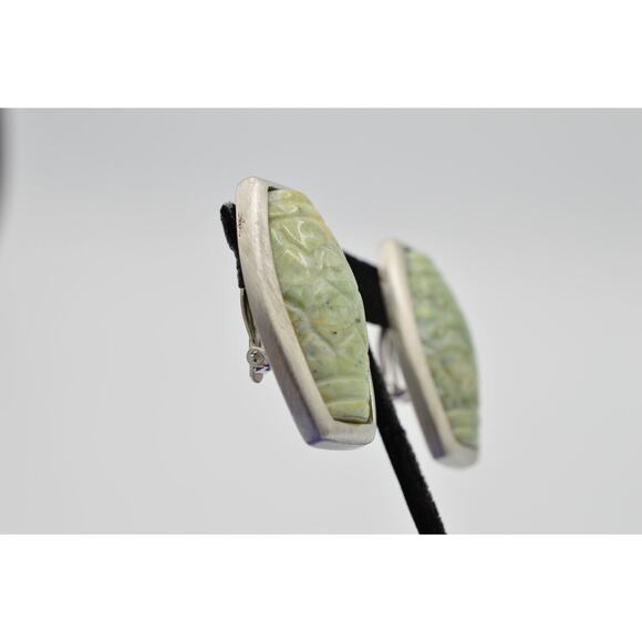 Vintage Earrings Brushed Silver Faux Green Stone Cabochon Statement 1980s 9G - Picture 11 of 12